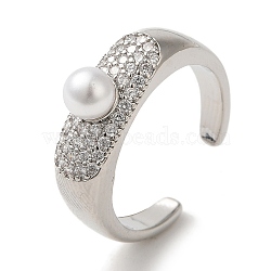 Rack Plating Brass Micro Pave Clear Cubic Zirconia Cuff Rings for Women, with Round ABS Plastic Pearl, Cadmium Free & Lead Free, Long-Lasting Plated, Platinum, 6mm, Adjustable(RJEW-G323-05P)