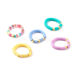Polymer Clay Heishi Beaded Stretch Rings, with Golden Plated Brass Beads, Star, Mixed Color, US Size 6, Inner Diameter: 17mm(RJEW-JR00344)