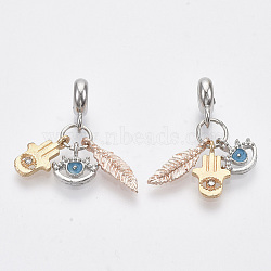 Alloy European Dangle Charms, with Iron Jump Ring, Crystal Rhinestone and Enamel, Large Hole Pendants, Eye & Leaf & Hamsa Hand/Hand of Fatima/Hand of Miriam, Multi-color, 33mm, Hole: 5mm(MPDL-T004-08P)