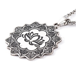 Lotus 201 Stainless Steel Pendant Necklaces, with Enamel, Box Chains, Black, 23.43 inch(59.5cm)(NJEW-F320-04P)