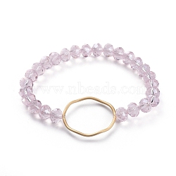 Faceted Rondelle Glass Beads Stretch Bracelets, with Matte Gold Plated Alloy Linking Ring, Pink, 2-1/8 inch(5.5cm)(BJEW-JB04991-03)