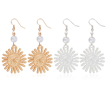 2 Pairs 2 Colors Alloy Sun with Smiling Face Dangle Earrings with Plastic Pearl Beaded, Long Drop Earrings for Women, Mixed Color, 62.5mm, Pin: 0.5mm, 1 Pair/color
