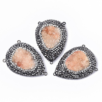 Dyed Natural Druzy Quartz Chandelier Components Links, with Gunmetal Iron Loop, Polymer Clay Rhinestones & PU Leather, Teardrop, Light Salmon, 49~50x34~35x10~15mm, Hole: 2mm