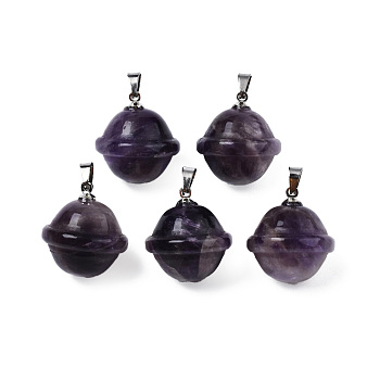 Natural Amethyst Pendants, with Stainless Steel Color Tone Stainless Steel Findings, Planet, 22.5x20mm, Hole: 3x5mm