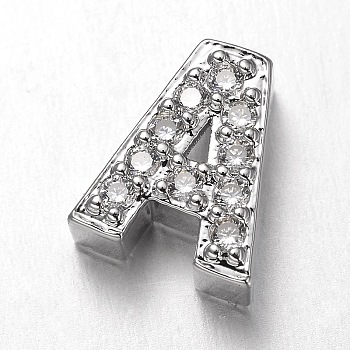 Platinum Plated Brass Micro Pave Cubic Zirconia Letter Slide Charms, Letter.A, 9.5x8x4mm, Hole: 4.5x1.5mm