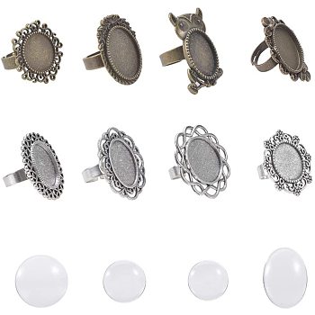 DIY Ring Making, Adjustable Iron & Alloy Finger Rings Components and Clear Glass Cabochons, Mixed Shapes, Antique Bronze & Antique Silver, 118x72x35mm