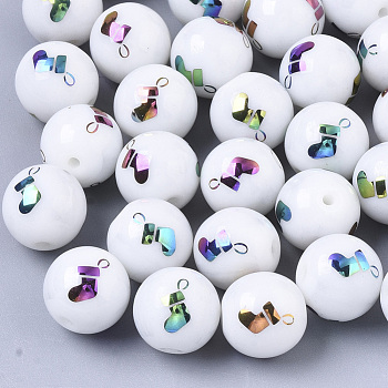 Christmas Opaque Glass Beads, Round with Electroplate Christmas Sock Pattern, Multi-color Plated, 10mm, Hole: 1.2mm