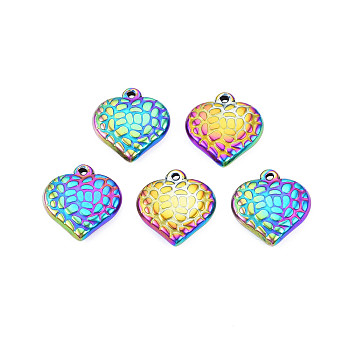 Ion Plating(IP) 304 Stainless Steel Pendants, Textured, Heart, Rainbow Color, 16.5x15.5x4mm, Hole: 1.2mm
