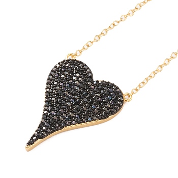 Brass Micro Pave Cubic Zirconia Heart Pendant Necklaces, with Lobster Claw Clasps, Long-Lasting Plated, Real 18k Gold Plated, Black, 16-1/4 inch(41.4cm)