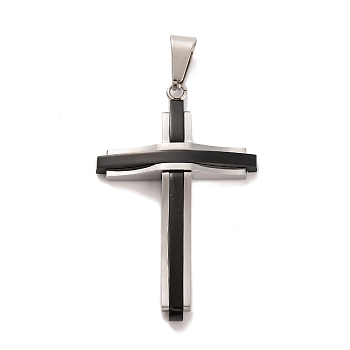 304 Stainless Steel Pendants, Cross Charm, Religion, Black & Stainless Steel Color, 46.5x29x5mm, Hole: 8.8x4mm