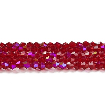 Transparent Electroplate Glass Beads Strands, AB Color Plated, Faceted, Bicone, Dark Red, 4x4mm, Hole: 0.8mm, about 82~85pcs/strand, 12.01~12.2 inch(30.5~31cm)