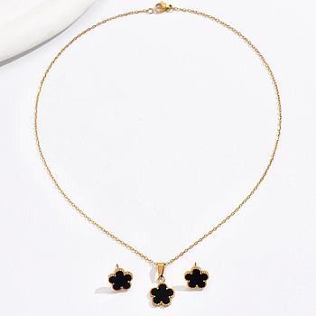 Acrylic Flower Jewelry Set, Real 18K Gold Plated Stainless Steel Stud Earring & Pendant Necklace, Black, 17.32inch(44cm), 13x13mm