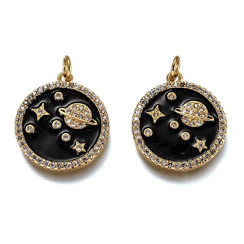 Brass Micro Pave Clear Cubic Zirconia Pendants, Long-Lasting Plated, with Jump Rings & Black Enamel, Flat Round with Planet & Star, Real 18K Gold Plated, 20x18x2.6mm, Hole: 3.2mm