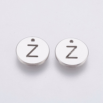 304 Stainless Steel Charms,  Flat Round with Letter, Stainless Steel Color, Letter.Z, 10x1mm, Hole: 1mm