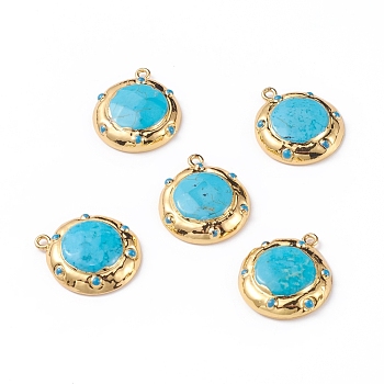 Natural Howlite Pendants, with Golden Plated Brass Findings, Dyed & Heated, Flat Round, 25.5x22x6mm, Hole: 1.8mm