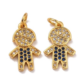 Brass Micro Pave Cubic Zirconia Charms, with Jump Ring, Real 18K Gold Plated, Boy, Prussian Blue, 15.5x10x1.5mm, Jump Ring: 5x0.8mm, Inner Diameter: 3.2mm