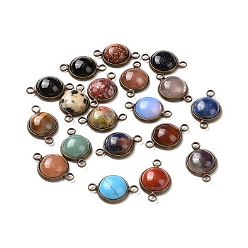 Natural & Synthetic Mixed Gemstone Connector Charms, Half Round Links, with Antique Bronze Tone Brass Findings, 12x18.5x4.5mm, Hole: 2mm