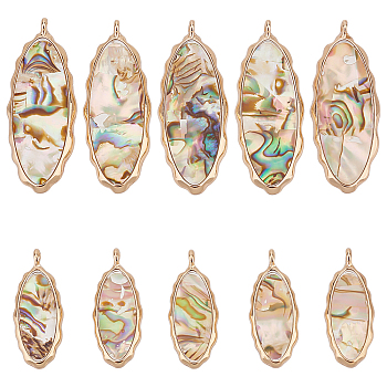 10Pcs 2 Styles Resin  Abalone Paua Shell Pendants, Horse Eye Charms, with Alloy Findings, Colorful, Light Gold, 23.5~37.5x9.5~14.5x2~3mm, Hole: 1~1.2mm, 5pcs/style