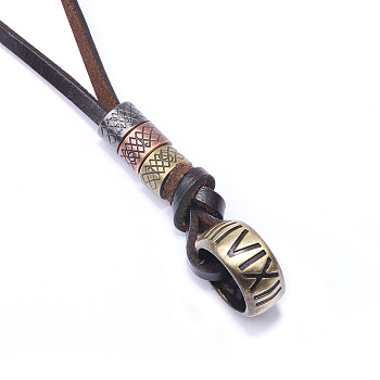 Adjustable Genuine Cowhide Leather Pendant Necklaces, with Alloy Findings, Ring with Roman Numerals, Mixed Color, 25.6 inch~27.6 inch(65~70cm)