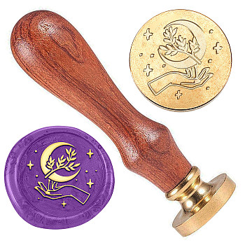 Wax Seal Stamp Set, Golden Tone Brass Sealing Wax Stamp Head, with Wood Handle, for Envelopes Invitations, Gift Card, Moon, 83x22mm, Stamps: 25x14.5mm
