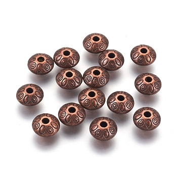 Tibetan Style Alloy Spacer Beads, Lead Free & Nickel Free & Cadmium Free, Rondelle with Flower, Red Copper Color, about 9mm long, 9mm wide, 6mm thick, hole: 1.5mm