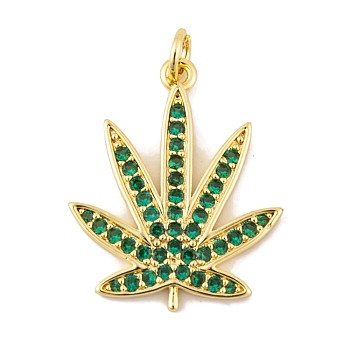 Rack Plating Brass Micro Pave Cubic Zirconia Pendants, with Jump Rings, Long-Lasting Plated, Lead Free & Cadmium Free, Real 18K Gold Plated, Leaf, Green, 25x20x2mm, Hole: 3mm