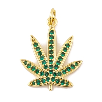 Rack Plating Brass Micro Pave Cubic Zirconia Pendants, with Jump Rings, Long-Lasting Plated, Lead Free & Cadmium Free, Golden, Leaf, Green, 25x20x2mm, Hole: 3mm