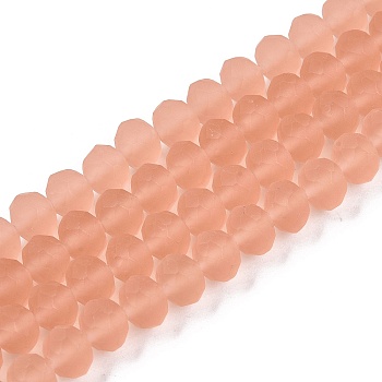 Transparent Glass Beads Strands, Faceted, Frosted, Rondelle, Light Salmon, 8mm, Hole: 1mm, about 64~65pcs/strand, 40~41cm