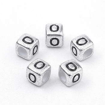 Plated Acrylic Beads, Horizontal Hole, Cube with Letter, Antique Silver, Letter.O, 6mm, Hole: 3mm