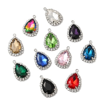 Glass & Rhinestone Pendants, with Platinum Brass Findings, Teardrop Charms, Mixed Color, 26x17~17.5x6~7mm, Hole: 2.3mm