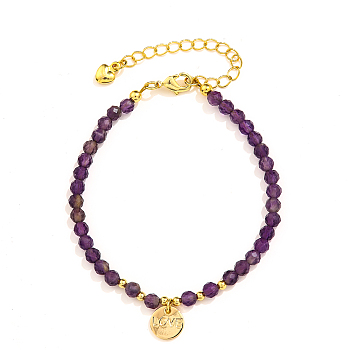 Natural Gemstone Beads Stretch Bracelets, Flat Round with Word Love Charm Bracelets for Women, with Brass Beads, Purple, 6-1/4 inch(16cm)