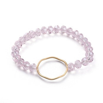 Faceted Rondelle Glass Beads Stretch Bracelets, with Matte Gold Plated Alloy Linking Ring, Pink, 2-1/8 inch(5.5cm)