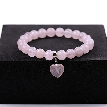 Natural Rose Quartz Beaded Stretch Bracelets, with Heart Charms, 7-1/4~7-1/2 inch(18.5~19cm)