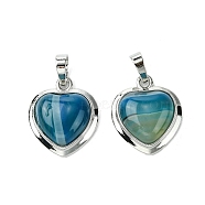 Dyed Natural Blue Banded Agate Pendants, Heart Charms with Rack Plating Platinum Plated Brass Findings, Cadmium Free & Lead Free, Cadmium Free & Lead Free, 23x19.5x8~9mm, Hole: 7x5mm(G-C114-03P-18)