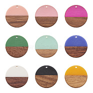 18Pcs 9 Colors Opaque Resin & Walnut Wood Pendants, Flat Round, Mixed Color, 28.5x3.5~4mm, Hole: 1.5mm(RESI-CW0001-17)