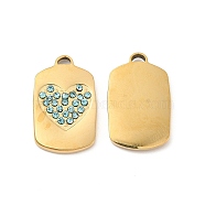 Vacuum Plating 201 Stainless Steel with Rhinestone Pendants, Real 18K Gold Plated, Rectangle with Heart Pattern Charms, Aquamarine, 20x12.5x2mm, Hole: 1.2x2.5mm(STAS-J401-VC1036)