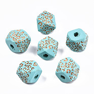Painted Natural Wood Beads, Laser Engraved Pattern, Faceted, Polygon with Leopard Print, Cyan, 10x10x10mm, Hole: 2mm(WOOD-T021-51A-06)