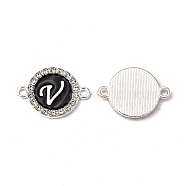 Alloy Enamel Links Connectors, with Crystal Rhinestones, Flat Round with Letter, Silver Color Plated, Letter.V, 22x16x2mm, Hole: 1.8mm(ENAM-TAC0003-01S-02V)