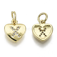 Brass Micro Pave Clear Cubic Zirconia Charms, with Jump Ring, Heart with Letter, Real 16K Gold Plated, Nickel Free, Letter.X, 10x9x2mm, Jump Ring: 5x1mm, 3mm inner diameter(KK-N227-34X-NF)