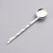 Iron Hair Bobby Pin Findings, with Brass Flat Round Tray, Silver, 60x14x5.8mm, Tray: 12mm(IFIN-WH0051-94S)