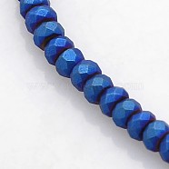 Electroplate Non-magnetic Synthetic Hematite Beads Strands, Faceted Rondelle, Frosted, Blue Plated, 3x2mm, Hole: 1mm, about 214pcs/strand, 15.7 inch(G-J208G-05)