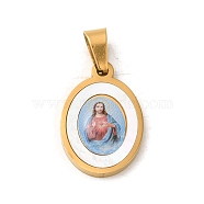 Ion Plating(IP) 304 Stainless Steel Pendants, with Pave Shell, Oval with Saint Charm, Golden, Light Sky Blue, 21x14x3mm, Hole: 6x3mm(STAS-C103-03G-01)