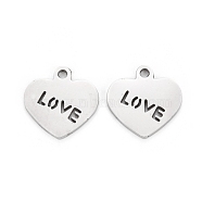 Valentine's Day 304 Stainless Steel Charms, Laser Cut, Heart with Word Love, Stainless Steel Color, 10x10x1mm, Hole: 1.2mm(STAS-I151-28P)
