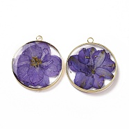 Transparent Clear Epoxy Resin Pendants, with Edge Golden Plated Brass Loops and Gold Foil, Flat Round Charms with Inner Flower, Medium Purple, 33.8x30x4mm, Hole: 2.5mm(RESI-L036-12G-01)