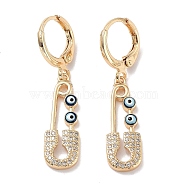 Real 18K Gold Plated Brass Dangle Leverback Earrings, with Enamel and Cubic Zirconia, Safety Pin with Evil Eye, Dark Blue, 36.5x8mm(EJEW-L269-016G-01)