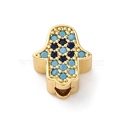 Brass Cubic Zirconia Beads, Hamsa Hand, Real 16K Gold Plated, 12.5x10.5x5.5mm, Hole: 2.5mm(KK-S510-43G-01)