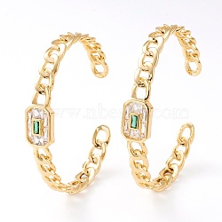 Brass Micro Pave Cubic Zirconia Cuff Bangles, Rectangle, Curb Chain, Real 18K Gold Plated, Green, Inner Diameter: 2-1/4 inch(5.7cm)(BJEW-Z001-01A)