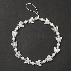 Acrylic Butterfly Pearl Beaded Mobile Straps, Anti-Lost Cellphone Wrist Lanyard, for Car Key Purse Phone Supplies, Clear, 34.8x0.04~1.55cm, Inner Diameter: 12.1cm, Beads: 0.6x0.55cm, Pearl: 0.75cm, Butterfly: 1.3x1.55x0.5cm(HJEW-YW0001-01)