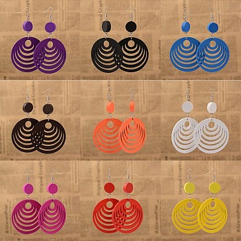 Elegant Fashion Flat Round Wood Dangle Earrings, with Platinum Plated Iron Earring Hooks, Mixed Color, 90mm, Pin: 0.8mm