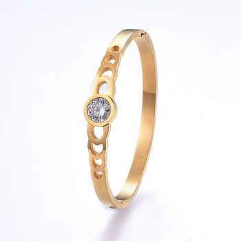 304 Stainless Steel Bangles, with Cubic Zirconia, Flat Round, Golden, 2-1/4 inch(5.7cm)x1-7/8 inch(4.8cm), 5~10.5mm
